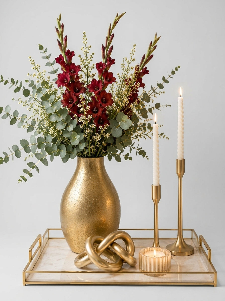Set Decorativo "Reflejos de Oro": 6 Piezas de Elegancia con Candelabros y Bandeja