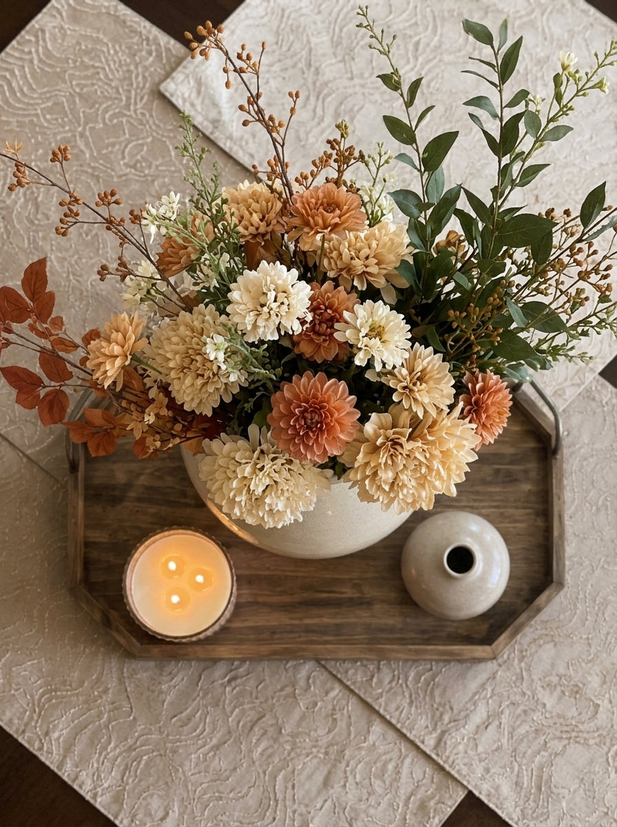 Set de Centro de Mesa "Armonía Cálida": 4 Piezas Decorativas con Arreglo Floral