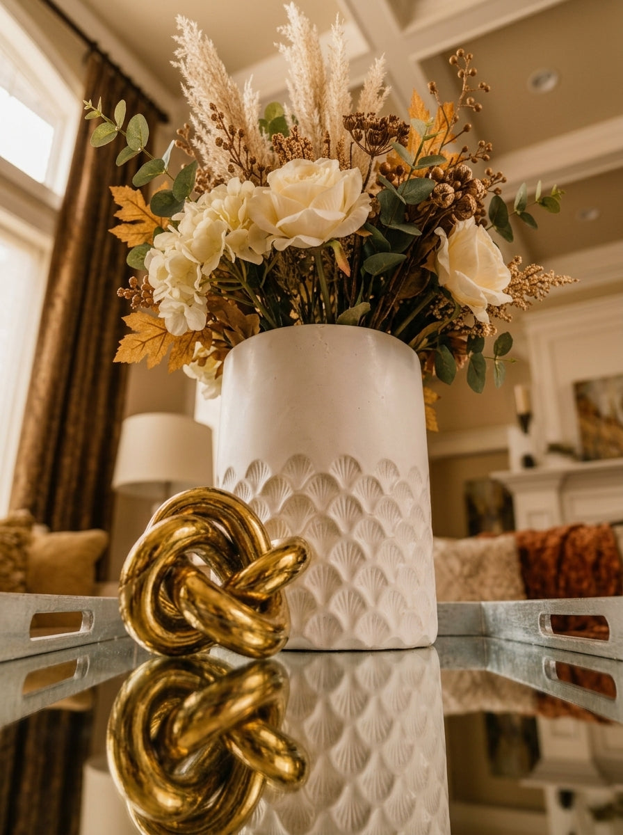 Set Decorativo de 2 Piezas: Florero con Arreglo Premium y Nudo Dorado