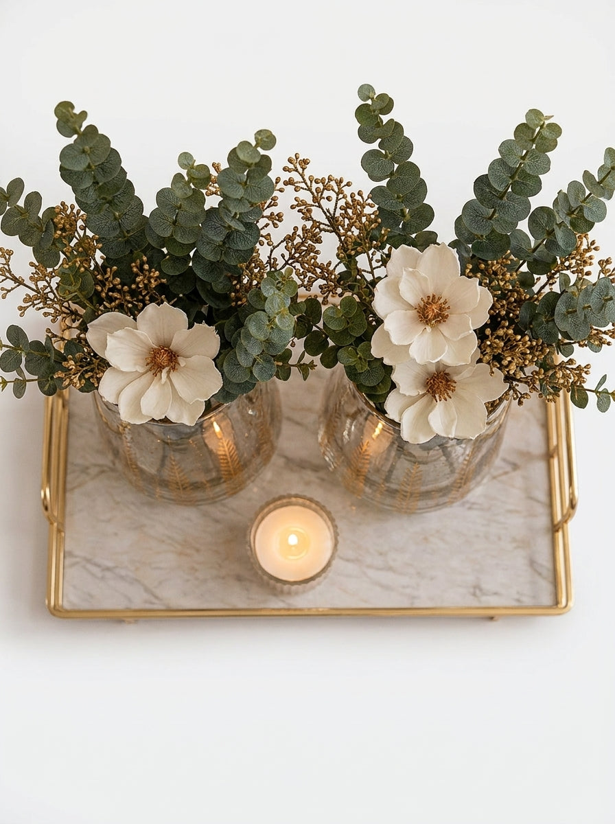 Set Decorativo: 2 Jarrones de Cristal Fino con Detalles Dorados y Accesorios