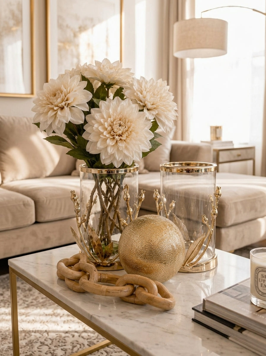 Set Decorativo "Clásico Elegante": 5 Piezas con Jarrones de Cristal, Oro y Madera