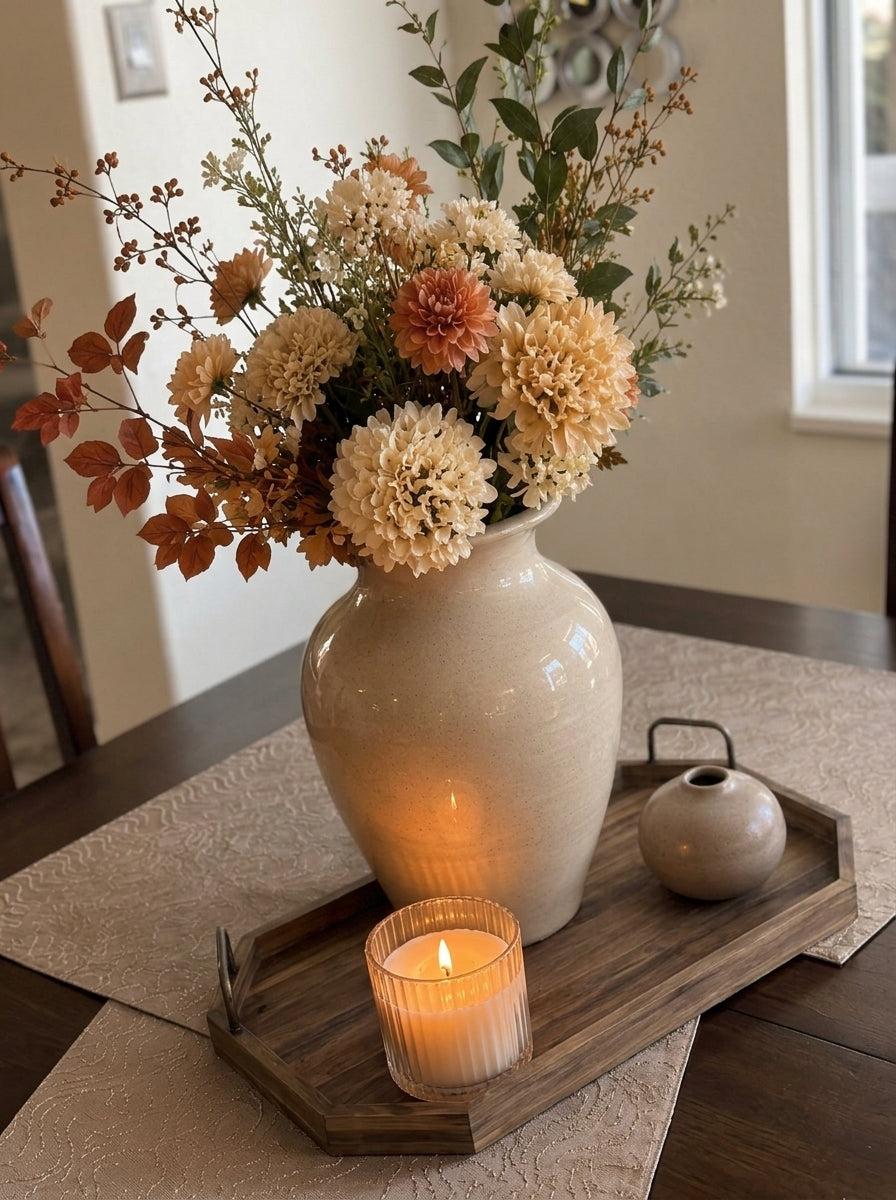 Set de Centro de Mesa "Armonía Cálida": 4 Piezas Decorativas con Arreglo Floral