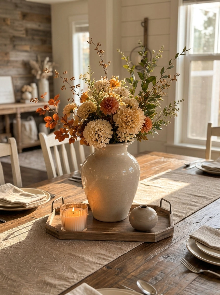 Set de Centro de Mesa "Armonía Cálida": 4 Piezas Decorativas con Arreglo Floral