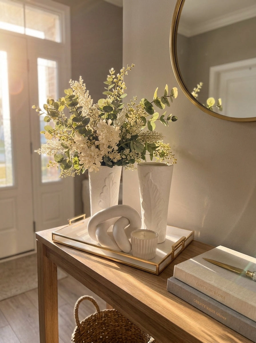 Set Decorativo "Pureza Minimalista": 6 Piezas en Cerámica Blanca con Bandeja Dorada