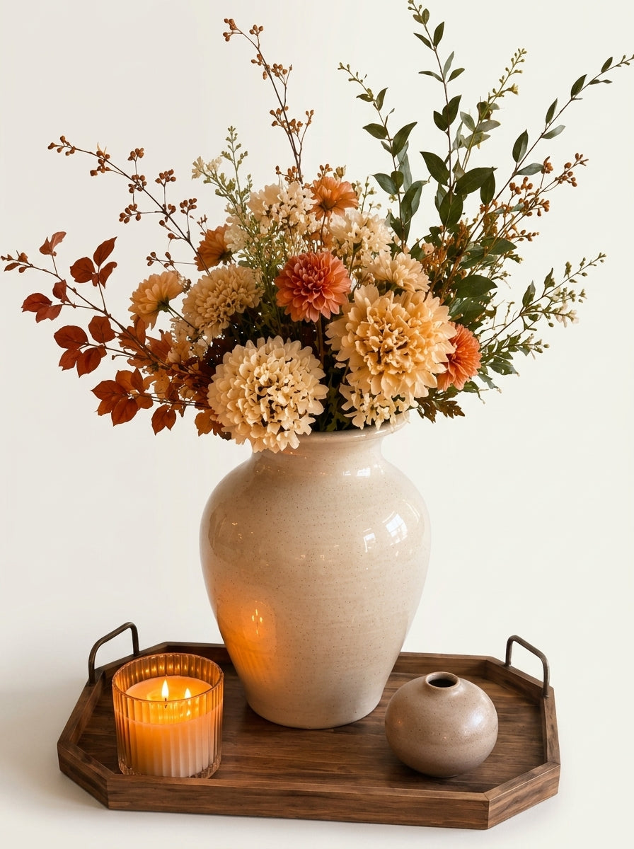 Set de Centro de Mesa "Armonía Cálida": 4 Piezas Decorativas con Arreglo Floral