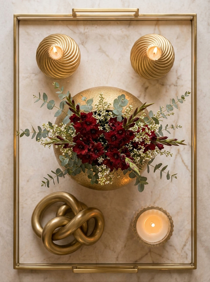 Set Decorativo "Reflejos de Oro": 6 Piezas de Elegancia con Candelabros y Bandeja