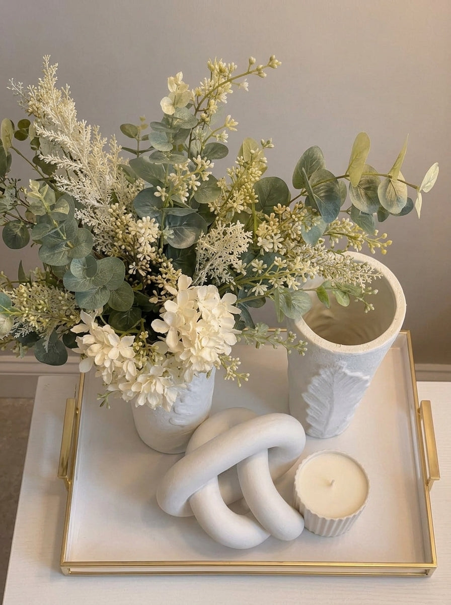 Set Decorativo "Pureza Minimalista": 6 Piezas en Cerámica Blanca con Bandeja Dorada