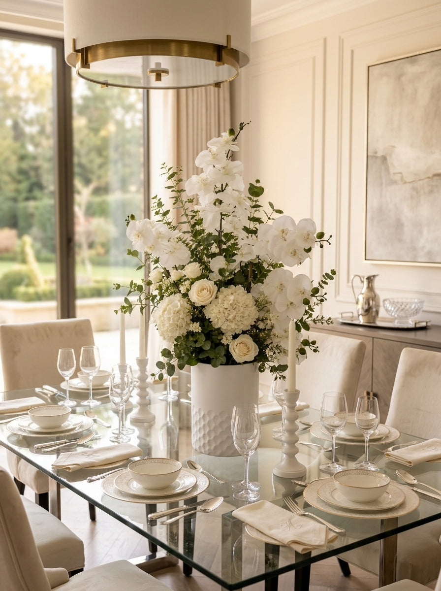 Centro de Mesa "Elegancia Blanca": Florero Texturizado con Arreglo Exuberante