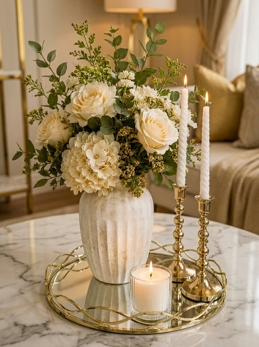 Set Decorativo Elegante de 7 Piezas con Bandeja Espejo y Candelabros Dorados