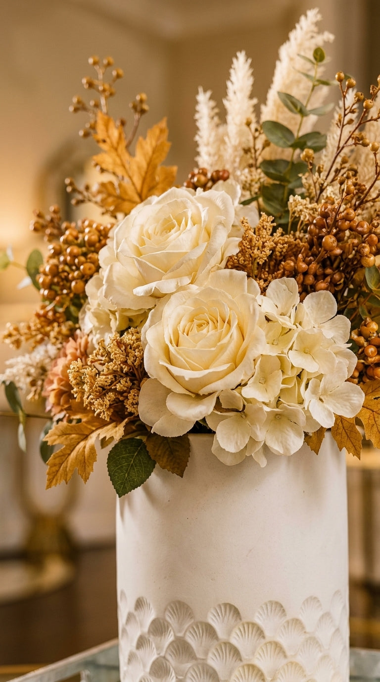 Set Decorativo de 2 Piezas: Florero con Arreglo Premium y Nudo Dorado