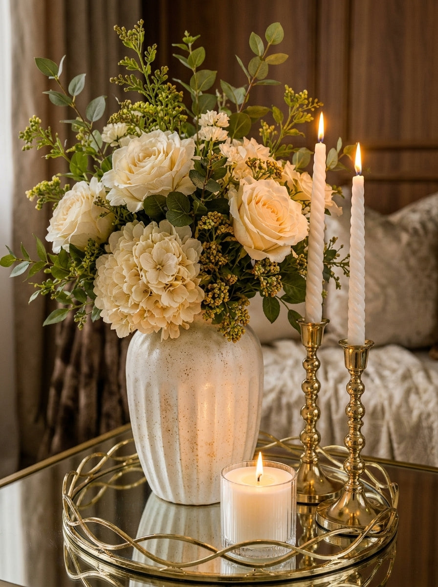 Set Decorativo Elegante de 7 Piezas con Bandeja Espejo y Candelabros Dorados