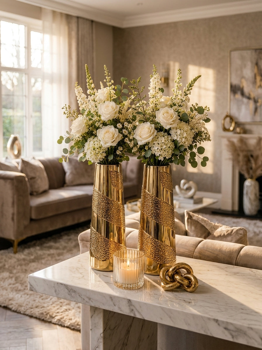 Set Decorativo de 5 Piezas: Jarrones de Cristal Dorado con Bandeja y Accesorios