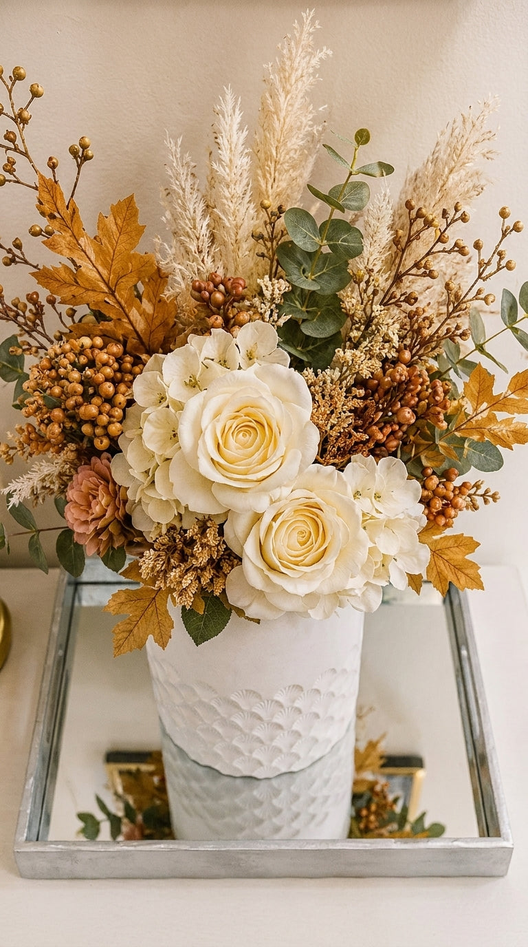 Set Decorativo de 2 Piezas: Florero con Arreglo Premium y Nudo Dorado