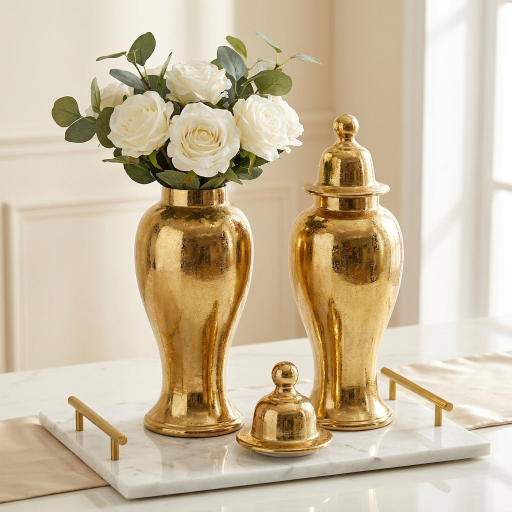 Set Decorativo Elegante de 3 Piezas con Jarrones Dorados y Bandeja