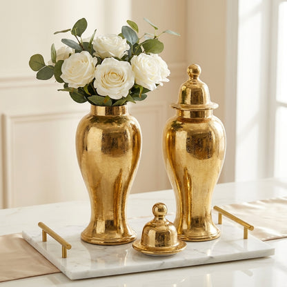 Set Decorativo Elegante de 3 Piezas con Jarrones Dorados y Bandeja