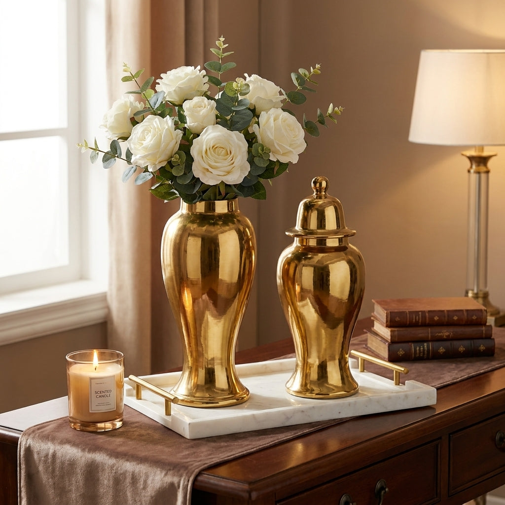 Set Decorativo Elegante de 3 Piezas con Jarrones Dorados y Bandeja