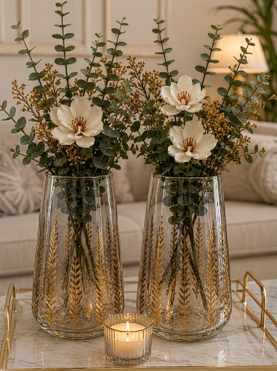 Set Decorativo: 2 Jarrones de Cristal Fino con Detalles Dorados y Accesorios