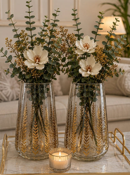 Set Decorativo: 2 Jarrones de Cristal Fino con Detalles Dorados y Accesorios
