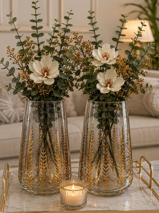 Set Decorativo: 2 Jarrones de Cristal Fino con Detalles Dorados y Accesorios