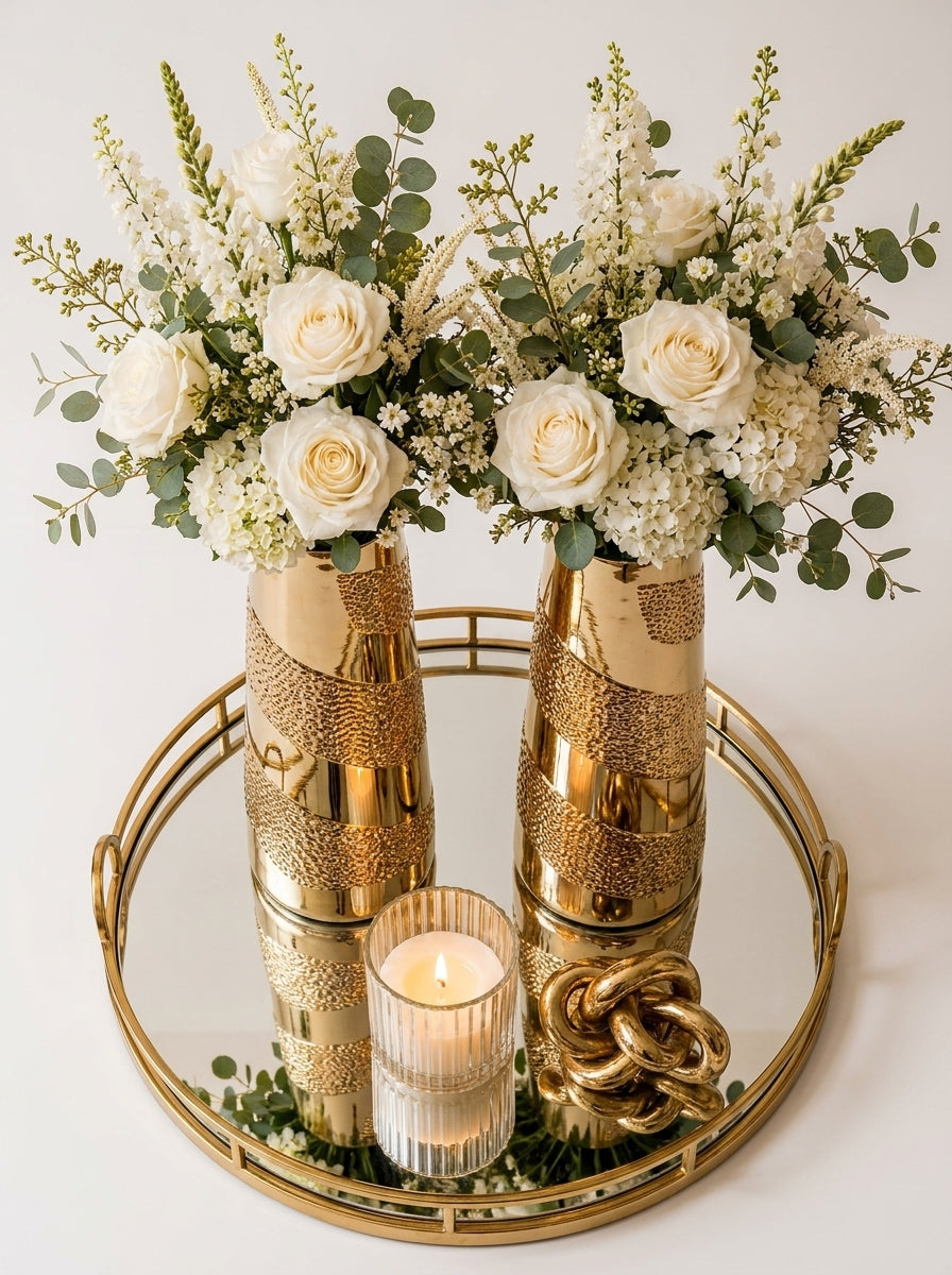 Set Decorativo de 5 Piezas: Jarrones de Cristal Dorado con Bandeja y Accesorios