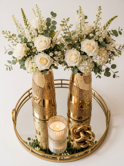 Set Decorativo de 5 Piezas: Jarrones de Cristal Dorado con Bandeja y Accesorios