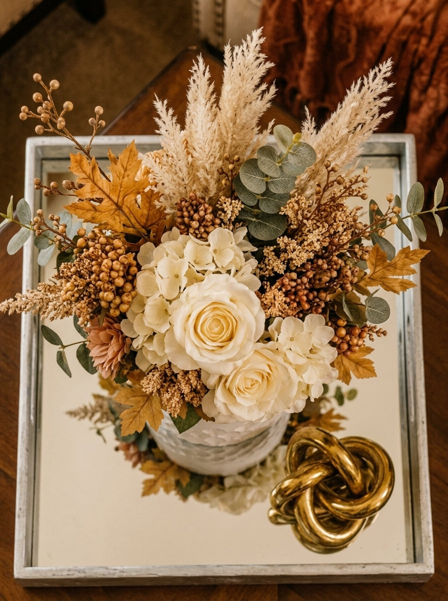 Set Decorativo de 2 Piezas: Florero con Arreglo Premium y Nudo Dorado