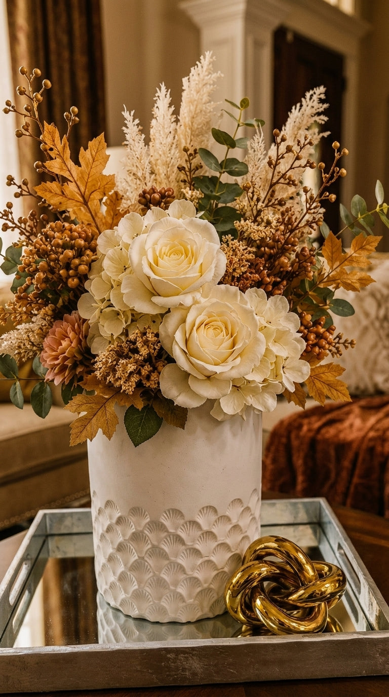 Set Decorativo de 2 Piezas: Florero con Arreglo Premium y Nudo Dorado