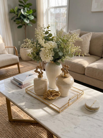 Set Decorativo "Brillo y Sofisticación": 6 Piezas con Bandeja Espejada y Acentos Dorados