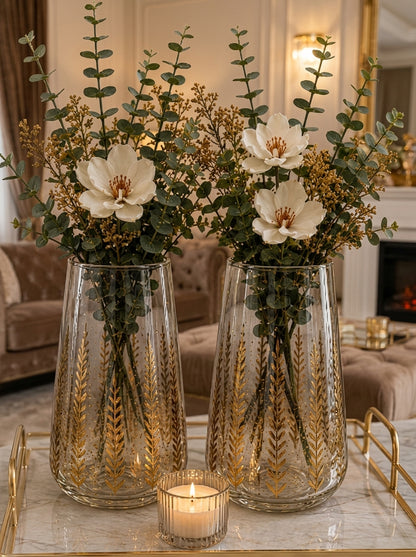 Set Decorativo: 2 Jarrones de Cristal Fino con Detalles Dorados y Accesorios