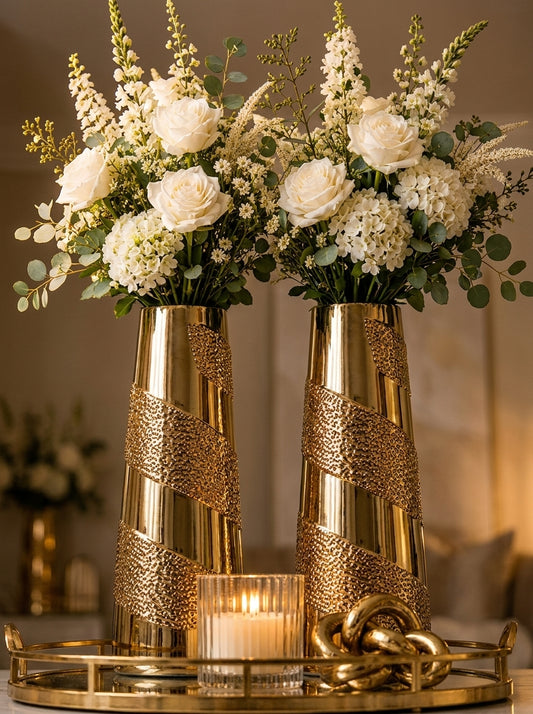 Set Decorativo de 5 Piezas: Jarrones de Cristal Dorado con Bandeja y Accesorios